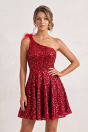 Red One Shoulder A Line Sequins Homecoming Dresses With Feathers | SHEISME