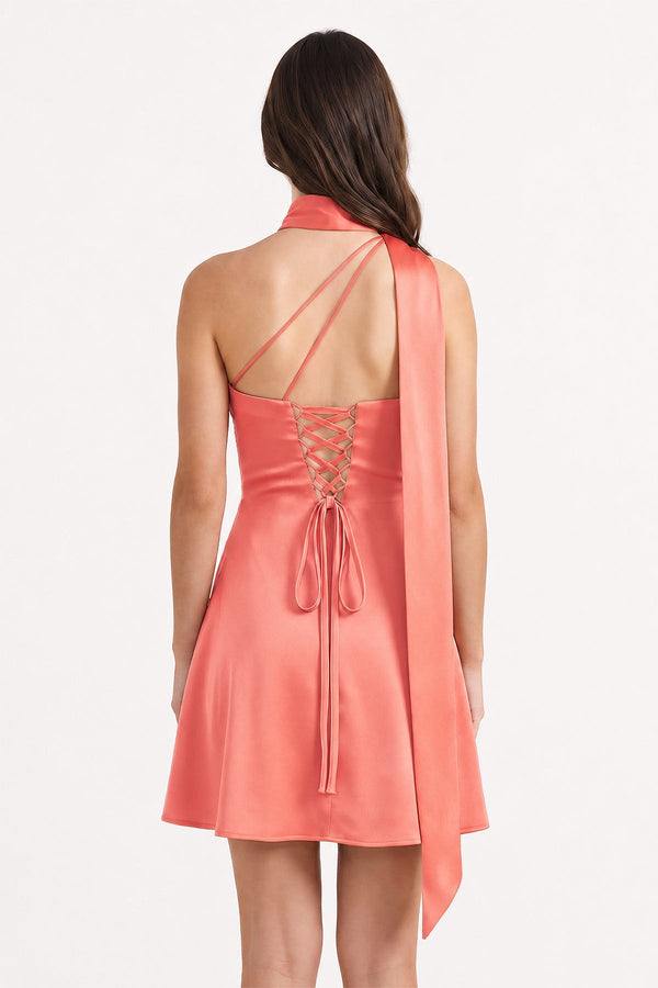 Coral Pink One-Shoulder Satin Sheath Homecoming Dress with Scarf (2) | SHEISME