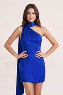 Royal Blue One-Shoulder Satin Sheath Homecoming Dress with Scarf | SHEISME