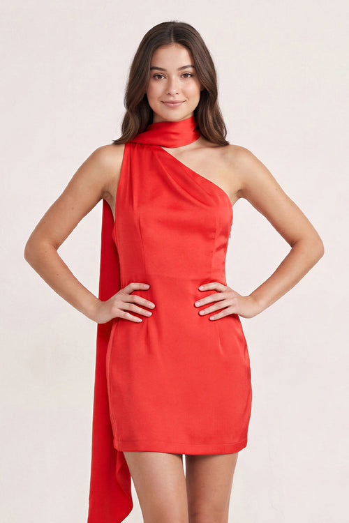 Red One-Shoulder Satin Sheath Homecoming Dress with Scarf | SHEISME