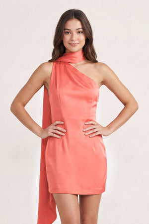 Coral Pink One-Shoulder Satin Sheath Homecoming Dress with Scarf | SHEISME