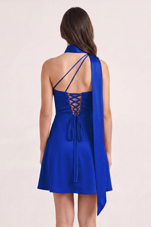 Royal Blue One-Shoulder Satin Sheath Homecoming Dress with Scarf (2) | SHEISME