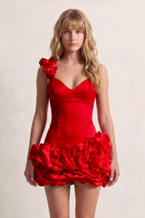 Red Sheath Spandex Ruched V Neck Homecoming Dresses with Ruffles | SHEISME