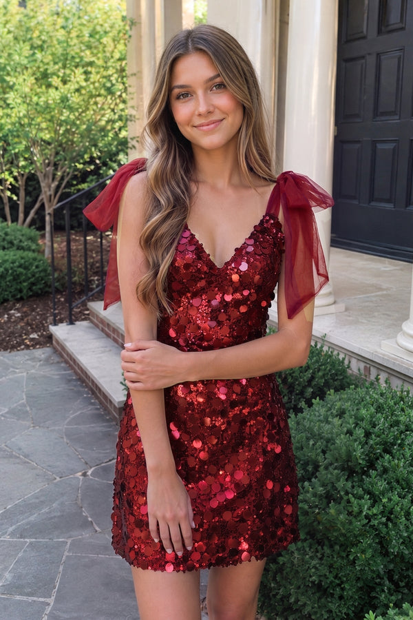 Red Sparkly V-Neck A-Line Sequin Homecoming Dress | SHEISME