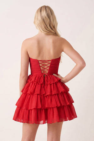 Red Strapless A Line Chiffon Ruffled Cocktail Dresses With Bow (2) | SHEISME