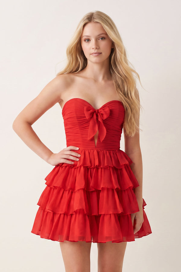 Red Strapless A Line Chiffon Ruffled Cocktail Dresses With Bow | SHEISME