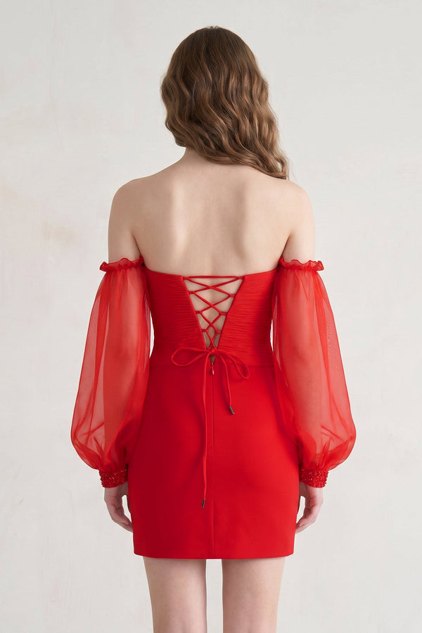 Red Off-the-Shoulder Keyhole Short Party Dress with Balloon Sleeves - SHEISME