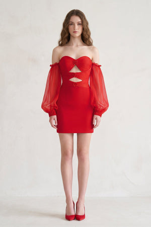 Red Off-the-Shoulder Keyhole Short Party Dress with Balloon Sleeves - SHEISME