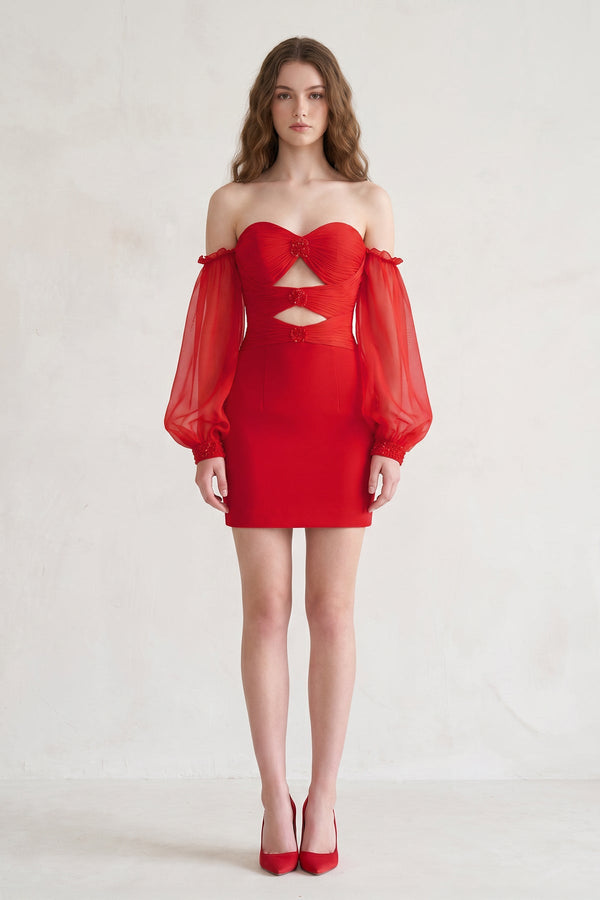 Red Off-the-Shoulder Keyhole Short Party Dress with Balloon Sleeves - SHEISME