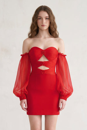 Red Off-the-Shoulder Keyhole Short Party Dress with Balloon Sleeves - SHEISME