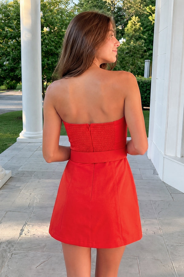 Red Strapless Sheath Satin Homecoming Dress with Belt (2) | SHEISME