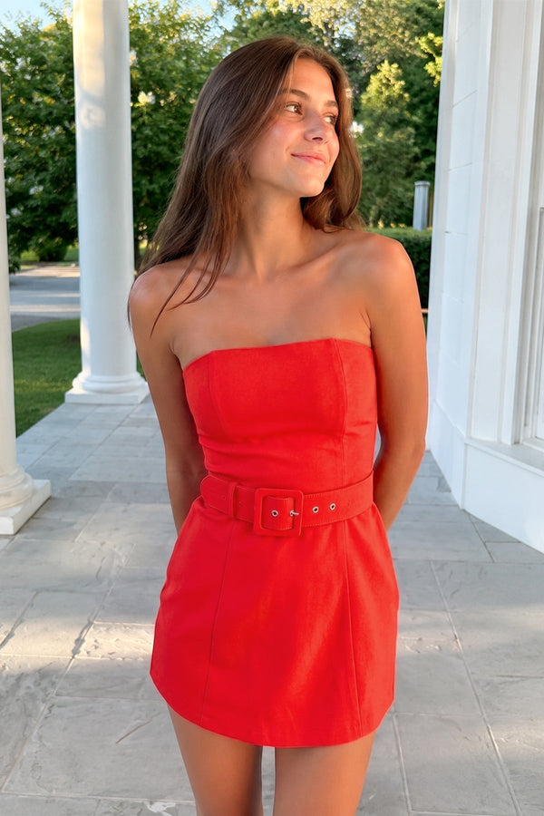 Red Strapless Sheath Satin Homecoming Dress with Belt | SHEISME