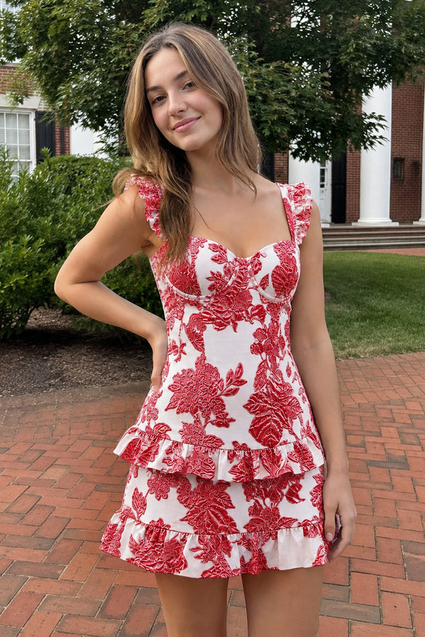 Red Sweetheart A-Line Jacquard Homecoming Dress with Ruffles | SHEISME