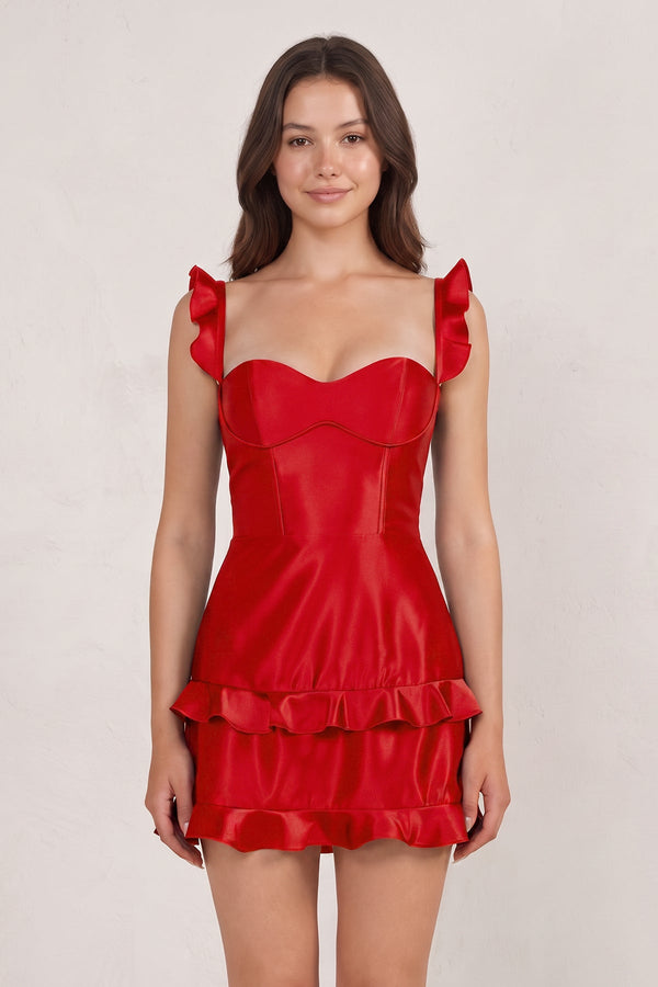 Red Sweetheart Satin Ruffles Short Homecoming Dresses | SHEISME
