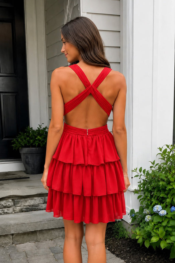 Red V Neck A Line Tiered Chiffon Homecoming Dresses With Cut Out | SHEISME