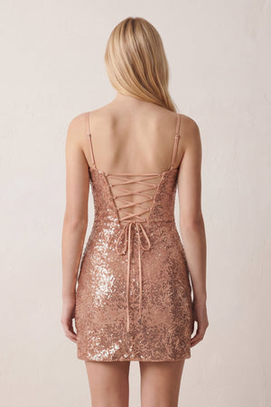Rose Gold Sparkly Spaghetti Straps Zipper Back Sequin Mini Homecoming Dresses | SHEISME