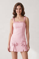 Rose Pink Spaghetti Straps Beaded Sheath Homecoming Dress With Bows | SHEISME