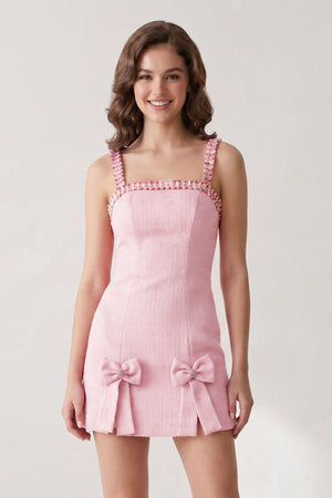 Rose Pink Spaghetti Straps Beaded Sheath Homecoming Dress With Bows | SHEISME