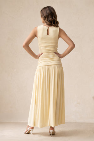 Round Neck Ruched A-Line Midi Dress in Pastel Yellow– SHE IS ME Dresses