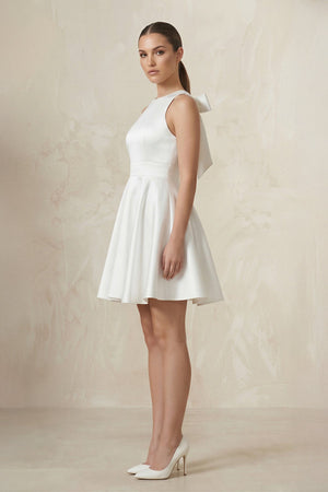 Round Neck Satin A - Line Ruched Wedding Dress in White - SHE IS ME Wedding Dresses