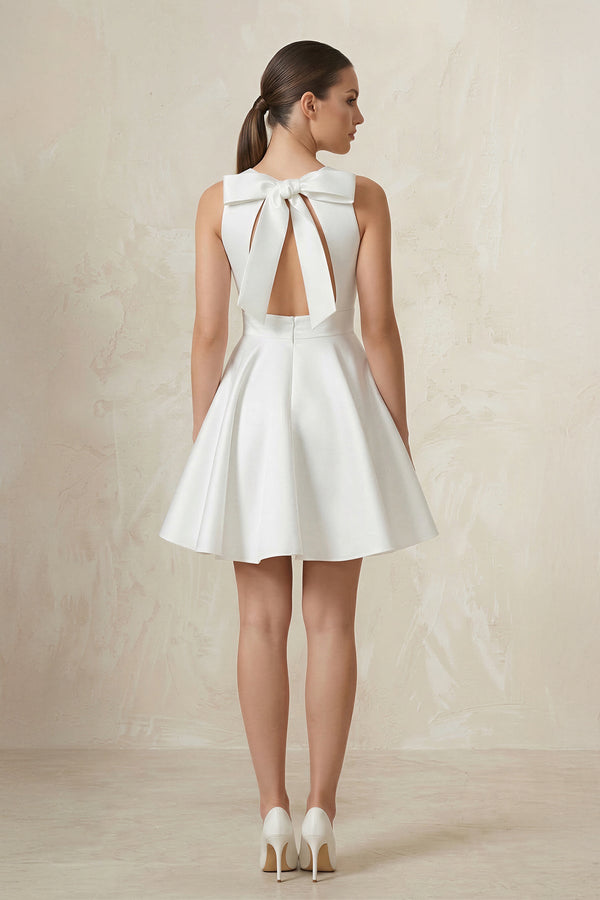 Round Neck Satin A - Line Ruched Wedding Dress in White - SHE IS ME Wedding Dresses