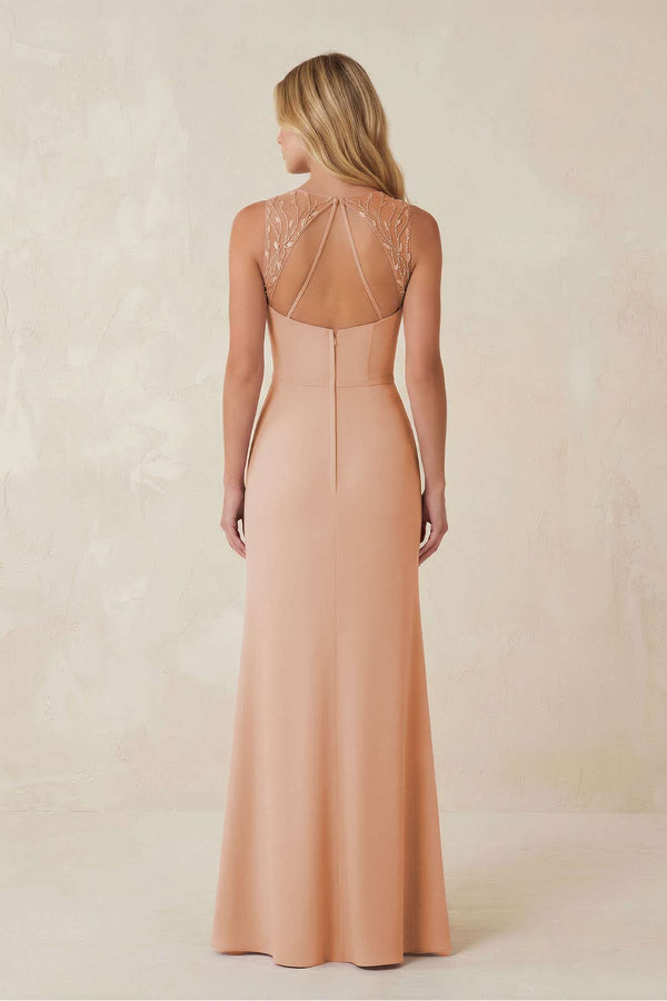 Round Neck Sheath Chiffon Appliqued Bridesmaid Dress in Champagne Rose - SHE IS ME Bridesmaid Dresses