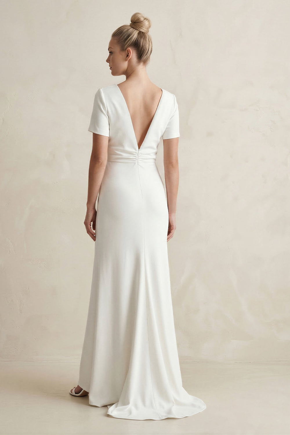 Round Neck Sheath Satin Short Sleeve Wedding Dress in White - SHE IS ME Wedding Dresses