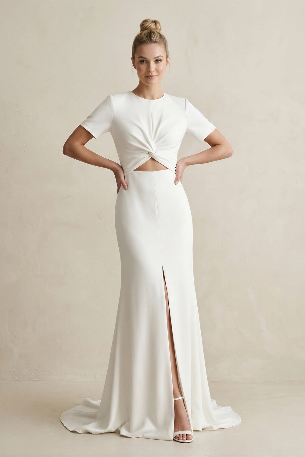Round Neck Sheath Satin Short Sleeve Wedding Dress in White - SHE IS ME Wedding Dresses