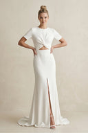 Round Neck Sheath Satin Short Sleeve Wedding Dress in White - SHE IS ME Wedding Dresses