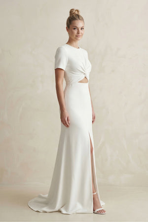 Round Neck Sheath Satin Short Sleeve Wedding Dress in White - SHE IS ME Wedding Dresses