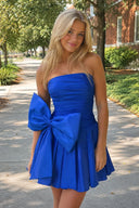 Royal Blue A-Line Strapless Pleated Homecoming Dress with Bow | SHEISME