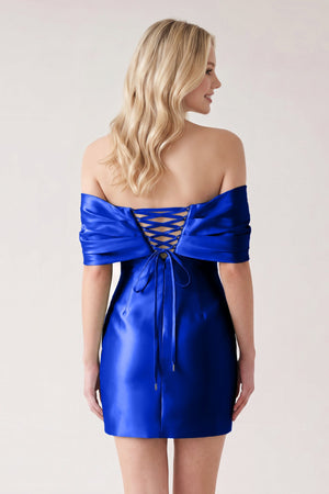 Royal Blue Off The Shoulder Satin Bodycon Short Homecoming Dress With Beading (2) | SHEISME