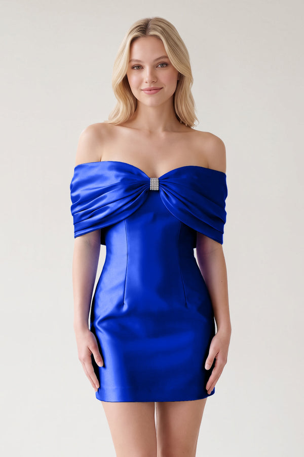 Royal Blue Off The Shoulder Satin Bodycon Short Homecoming Dress With Beading | SHEISME