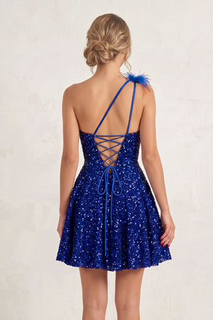 Royal Blue One Shoulder A Line Sequins Homecoming Dresses With Feathers (2) | SHEISME