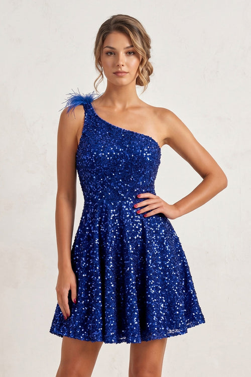 Royal Blue One Shoulder A Line Sequins Homecoming Dresses With Feathers | SHEISME