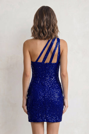 Royal Blue Sheath One Shoulder Sequins Mini Party Dresses - SHEISME