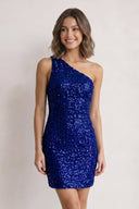 Royal Blue Sheath One Shoulder Sequins Mini Party Dresses - SHEISME