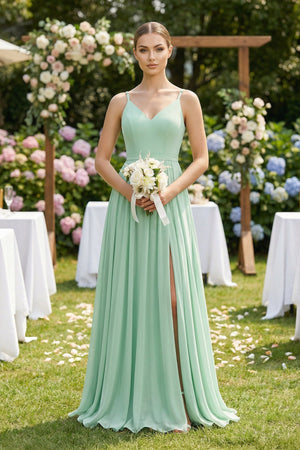Ruched A-Line Chiffon Bridesmaid Dress with Slit in Pale Pistachio - SHE IS ME BRIDESMAID DRESSES