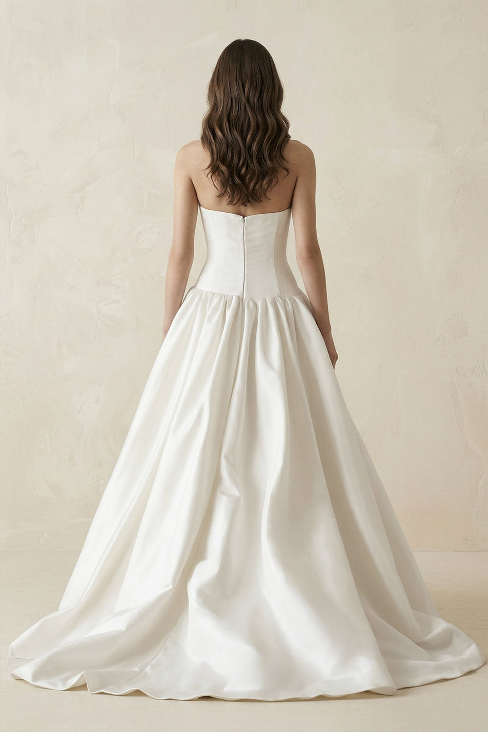 Ruched A - Line Strapless Satin Wedding Dress in White - SHE IS ME Wedding Dresses