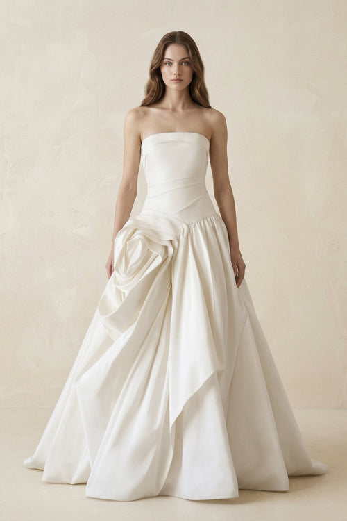 Ruched A - Line Strapless Satin Wedding Dress in White - SHE IS ME Wedding Dresses