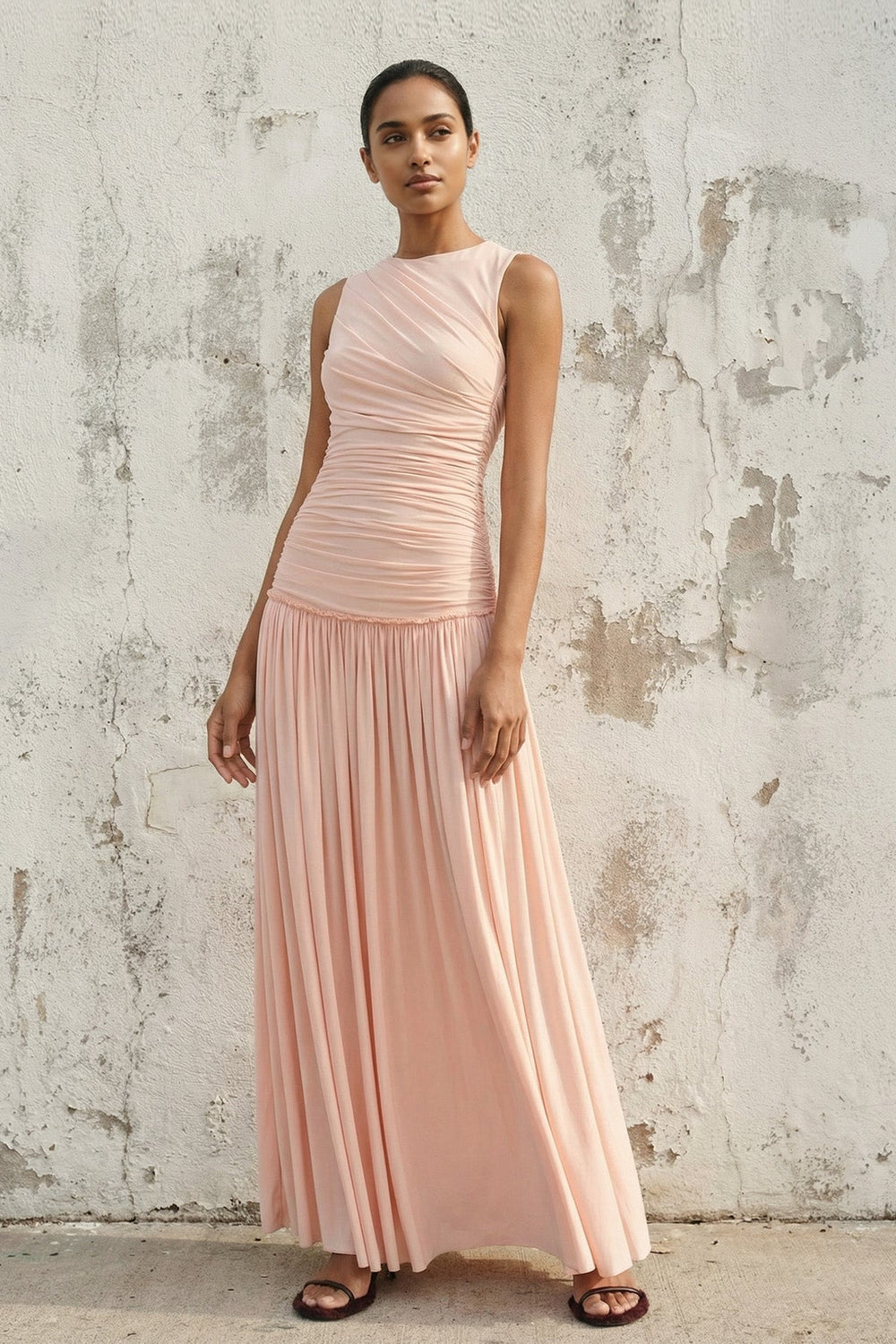 Ruched Backless Maxi Dress in Blush Pink - SHE IS ME PROM DRESSES