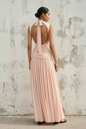 Ruched Backless Maxi Dress in Blush Pink - SHE IS ME PROM DRESSES