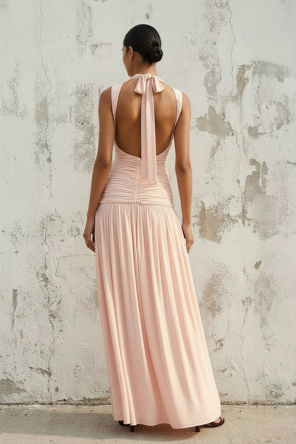 Ruched Backless Maxi Dress in Blush Pink - SHE IS ME PROM DRESSES
