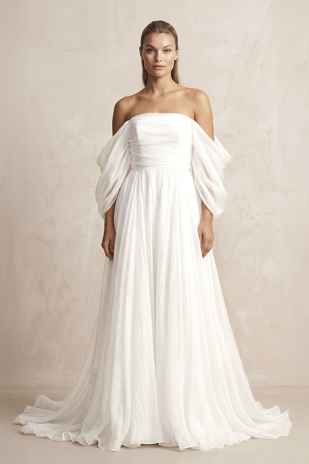 Ruched Chiffon A - Line Off - the - Shoulder Wedding Dress in White - SHE IS ME Wedding Dresses