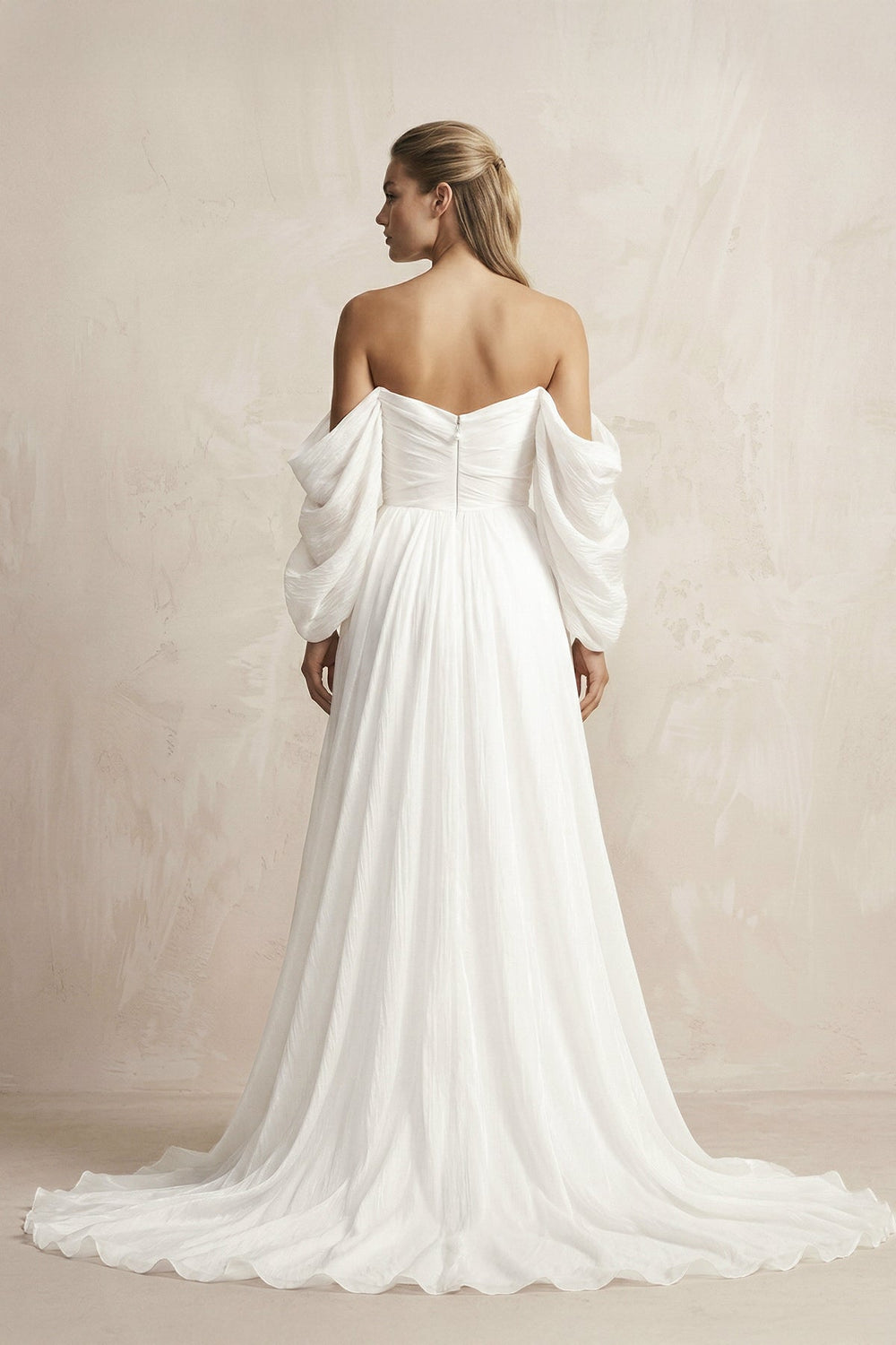 Ruched Chiffon A - Line Off - the - Shoulder Wedding Dress in White - SHE IS ME Wedding Dresses