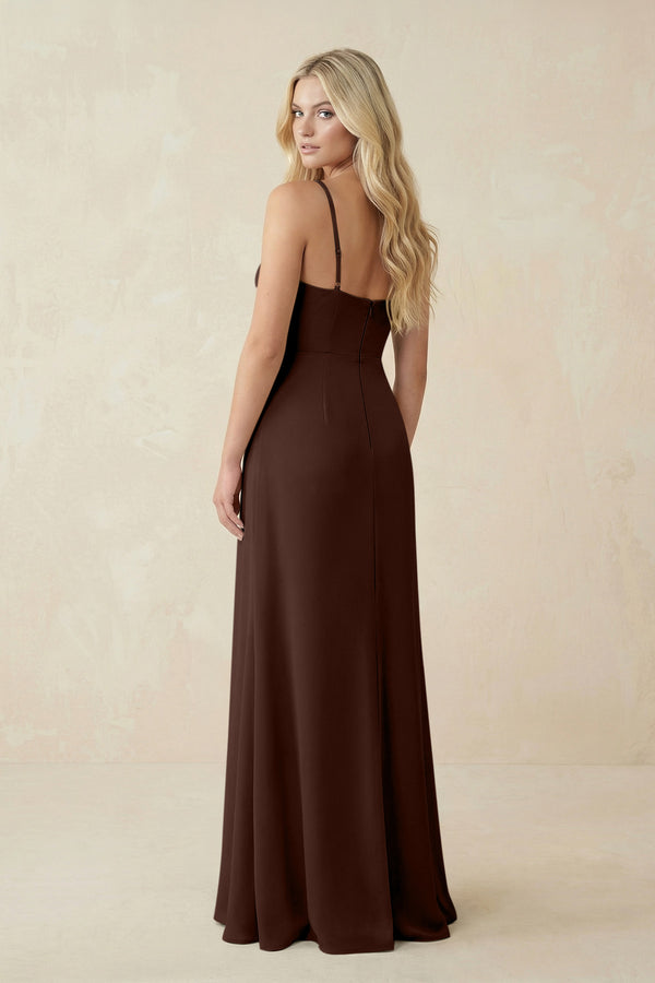Ruched Sheath Spaghetti Strap Chiffon Bridesmaid Dress in Espresso - SHE IS ME BRIDESMAID DRESSES