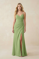 Ruched Sheath Spaghetti Strap Chiffon Bridesmaid Dress in Matcha - SHE IS ME BRIDESMAID DRESSES