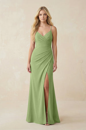 Ruched Sheath Spaghetti Strap Chiffon Bridesmaid Dress in Matcha - SHE IS ME BRIDESMAID DRESSES