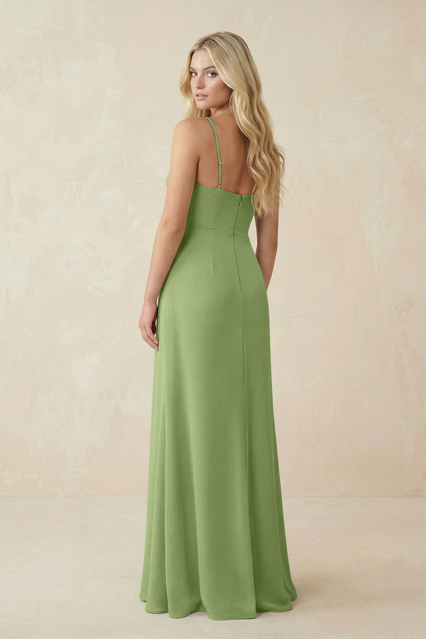 Ruched Sheath Spaghetti Strap Chiffon Bridesmaid Dress in Matcha - SHE IS ME BRIDESMAID DRESSES