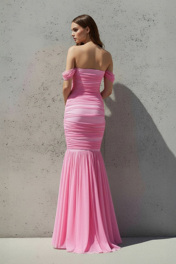 Sheisme-Candy Pink Ruched Tulle Off-Shoulder Mermaid Maxi Cocktail Evening Dress